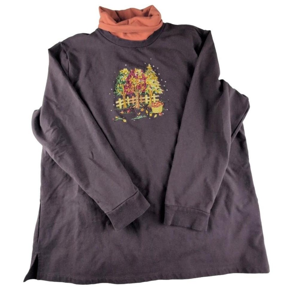 Quacker Factory‎ Fall Embroidered Autumn Trees Brown Orange Long Sleeve Size L